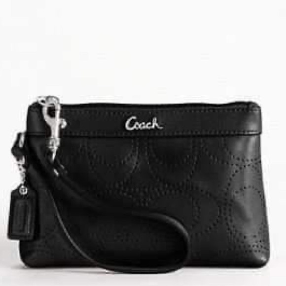 𝅺coach Black Leather Perforated Signature Wristlet - Picture 1 of 11